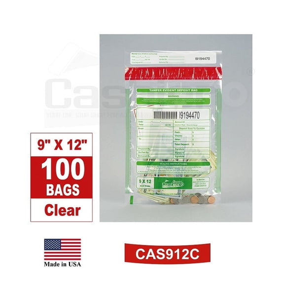 Cashier Depot Tamper Evident Deposit Bags, 9" x 12" Clear, Serialized Numbering, Barcode, Press & Seal Void Closure Tape (100 Bags)