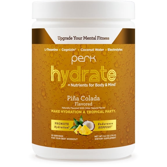 Perk Hydrate Electrolyte Drink Mix Powder (Pina Colada) 30 Servings - Coconut Water, CDP-Choline, L-Theanine, Gluten-Free, Keto Friendly, Vegan