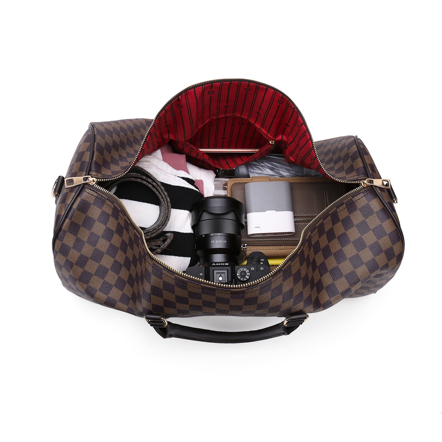 Skearow Fashion Checkered Duffle Bag,21L Luggage Bag,Travel Overnight  Weekender Bag,PU Vegan Leather Sport Gym Bag Brown Checkered Small  Size:18.11x10.24x10.63 