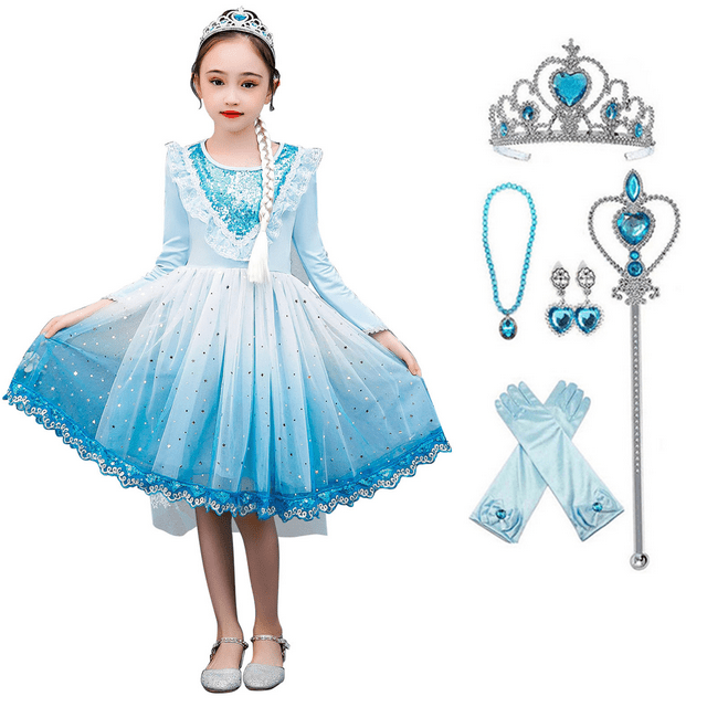 Robe de Princesse, Costume à Manches Longues avec de Riches Accessoires pour Fille de 3 à 8 Ans, Bleu