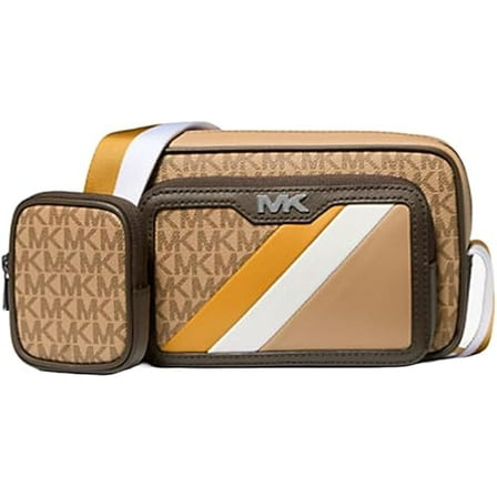 Michael Kors Rivington Striped Logo Camera Bag Golden Rod Multi with Pouch