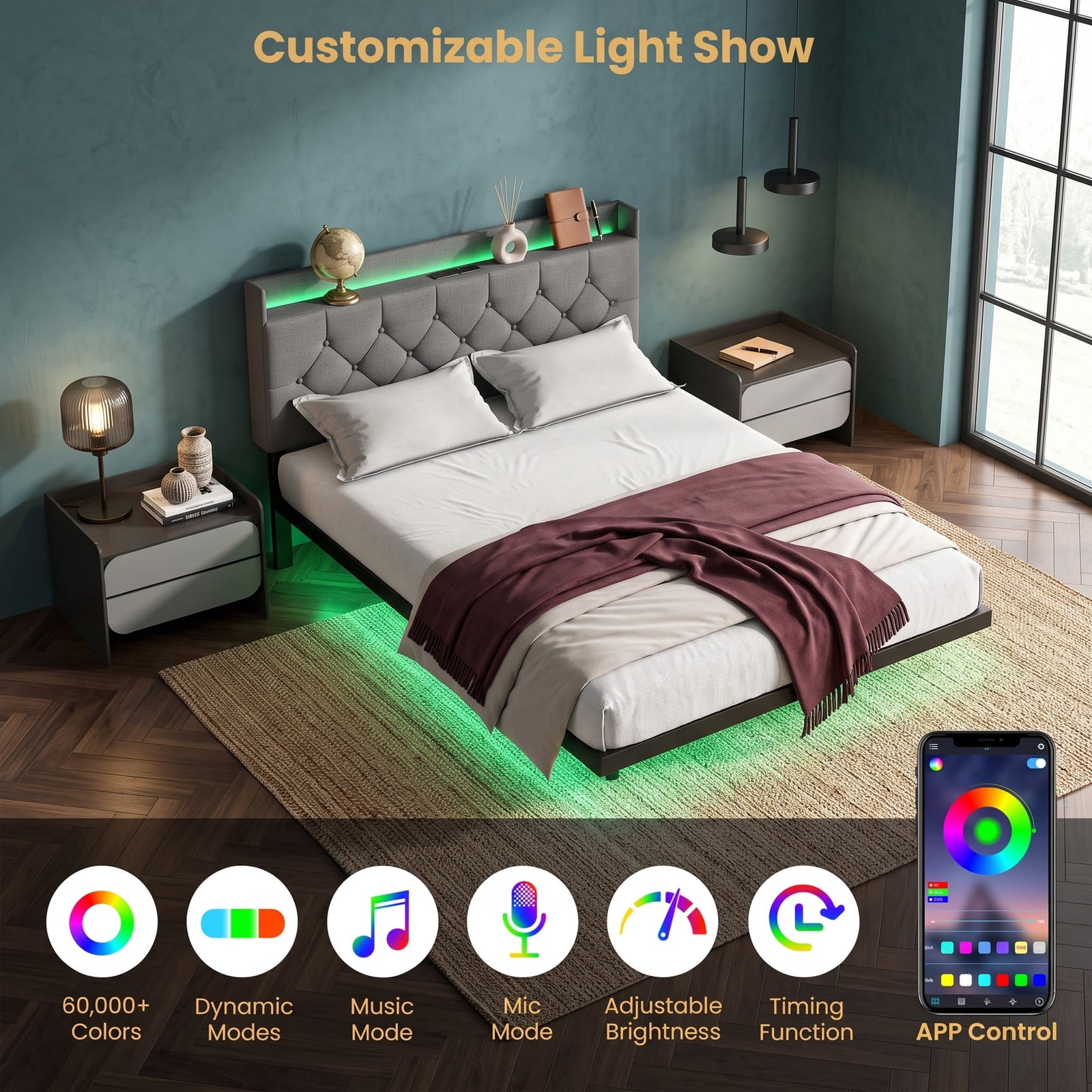 Furnibear Queen Bed Frame with Storage, Upholstered Floating Platform Bed with LED Lights, Storage Headboard and Charging Station, Gray