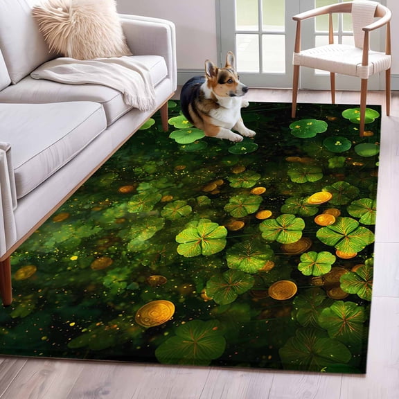 3'x5' Rug for Living Room Bedroom, St. Patrick's Day Washable Area Rugs Non-Slip Carpet Mats, Spring Green Lucky Clovers Gold Coin Indoor Low Pile Area Rug Runner for Kitchen, Mudroom