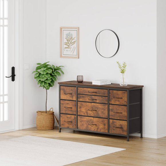 GloryStar Commode Rustique avec 10 Grands Tiroirs pour Meuble Télé de 55 Pieds', Commode de Chambre à Tiroirs en Tissu avec Prise de Courant, Centre de Divertissement pour Salon, Garde-Robe, Entrée, Brun Rustique