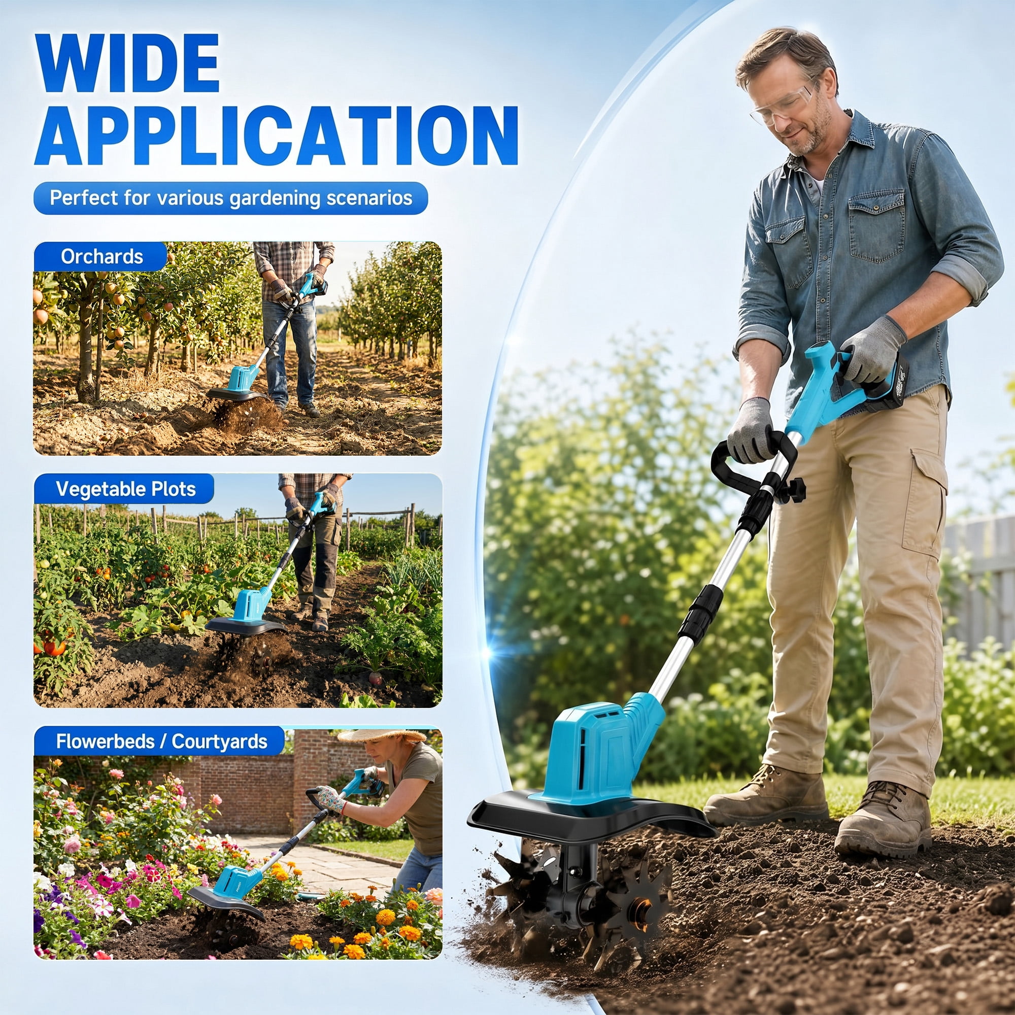 Fotrix Cordless Electric Garden Tiller Cultivator, 360 RPM, 7.5-Inch Depth, 9-Inch Width, with 2 Batteries, Adjustable Handle and Foldable Design