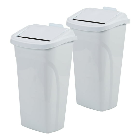 United Solutions Poubelle Tout-en-un 10 Gal/40 Qt, Poubelle Mince avec Couvercle Basculant Intégré et Brosse, Idéale pour Cuisine, Bureau et Salle de Bain, Blanc (Lot de 2)