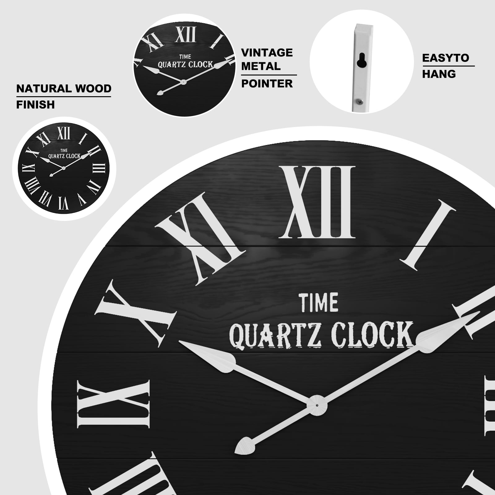CBJCBJ 35.5” Farmhouse Large Shiplap Round Wall Clock with Roman Numeral for Living Room Decor, Black