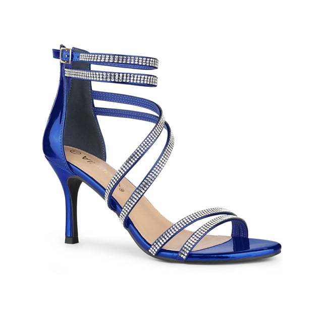 BLISSFUL STEP Women's Shoes Stiletto Heel Open Toe Ankle Strap Rhinestone Buckle Sandals Navy Blue 9