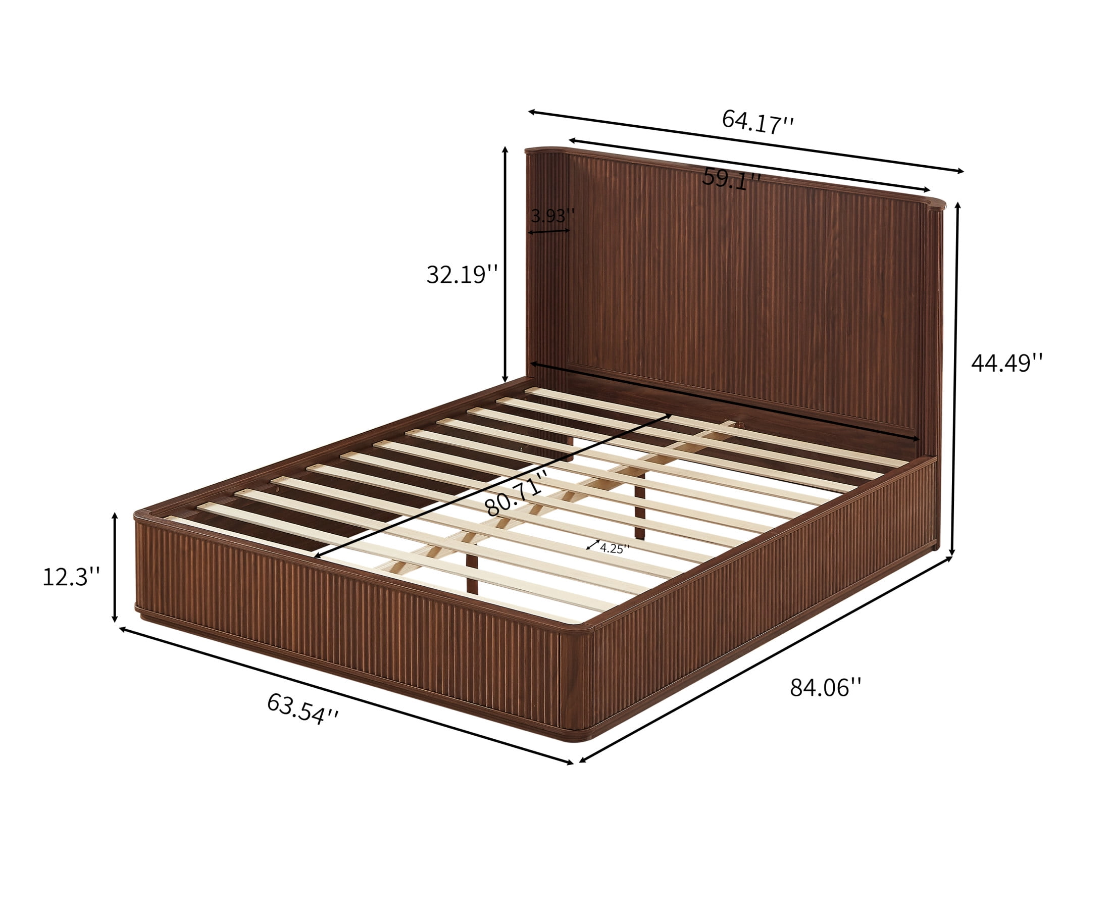 Noble House Queen Platform Bed Frame with 44.49"H Curved Headboard, Wood Slat Support, Walnut