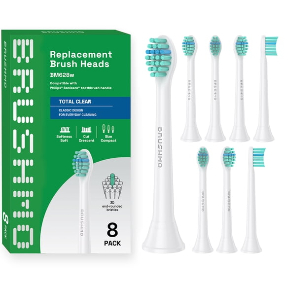Brushmo Total Clean Compact Replacement Toothbrush Heads for Philips Sonicare Click-On Handles, Soft DuPont Bristles, 8-Pack, White, BM628