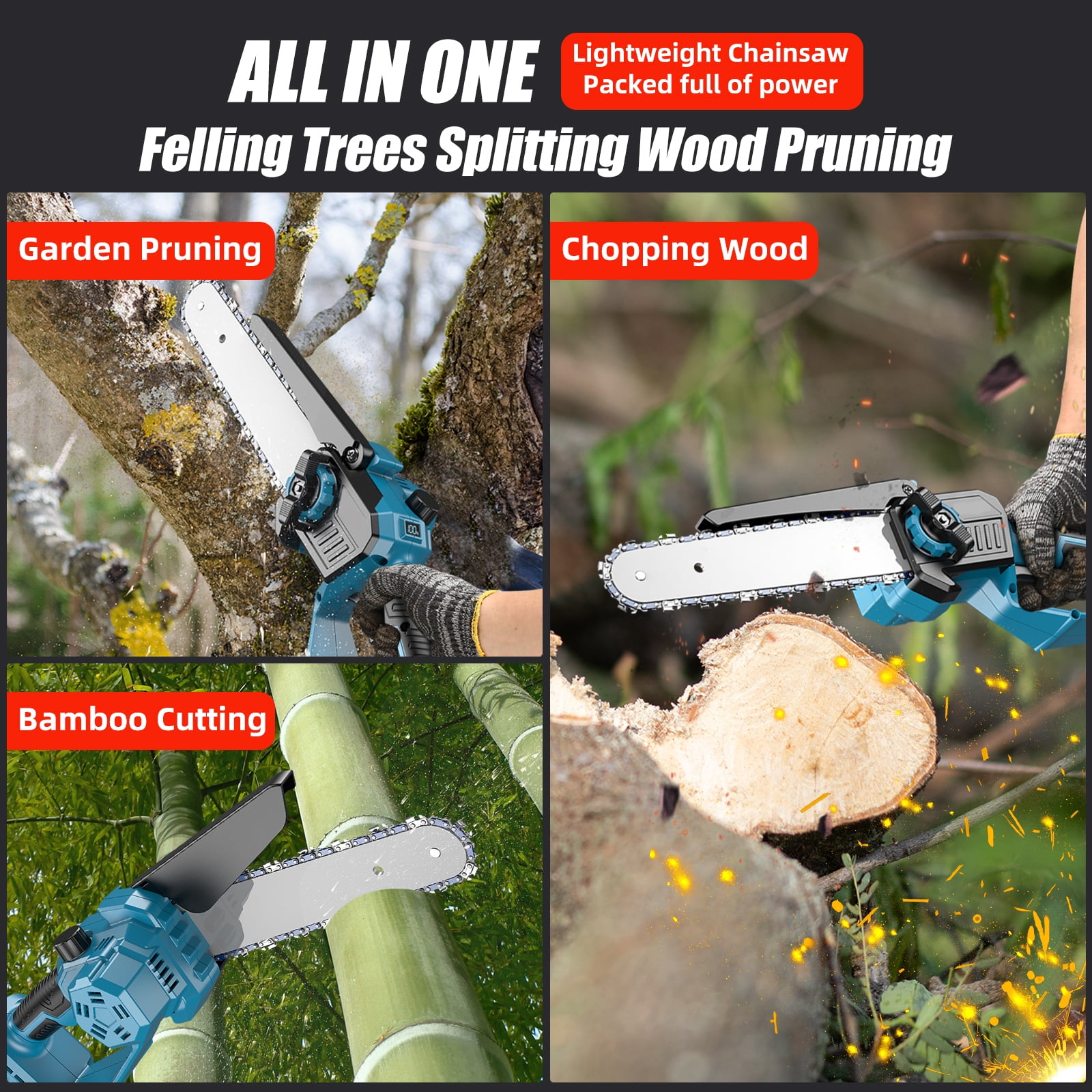 KingFurt 8" Mini Chainsaw, Cordless Chainsaw with 2 Batteries, 2 Blades&2 Chains,Handheld Mini Electric Chainsaw with Automatic Lubrication