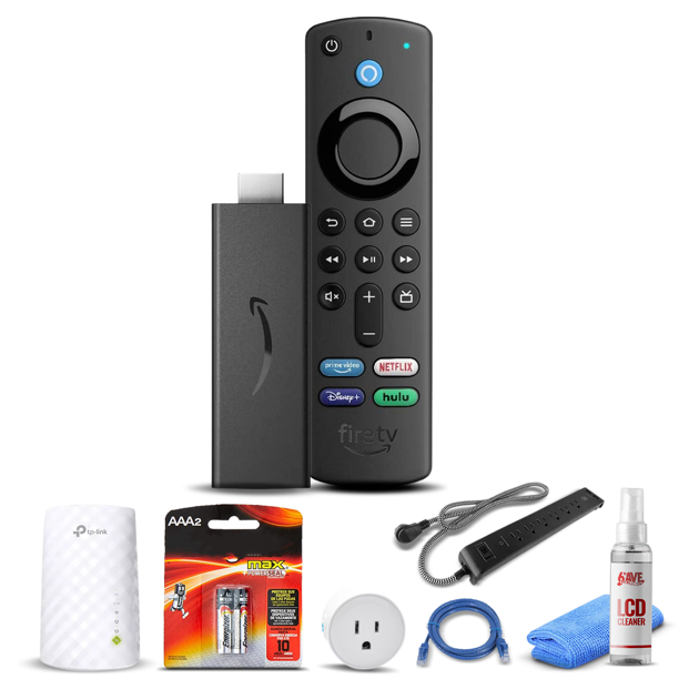 Amazon Fire TV Stick con Control Remoto por Voz de Alexa (Versión 2021) + Enchufe Inteligente WiFi + Cable Ethernet + 2 Baterías AAA + Extensor WiFi + Protector contra Sobretensiones + Limpiador de LC