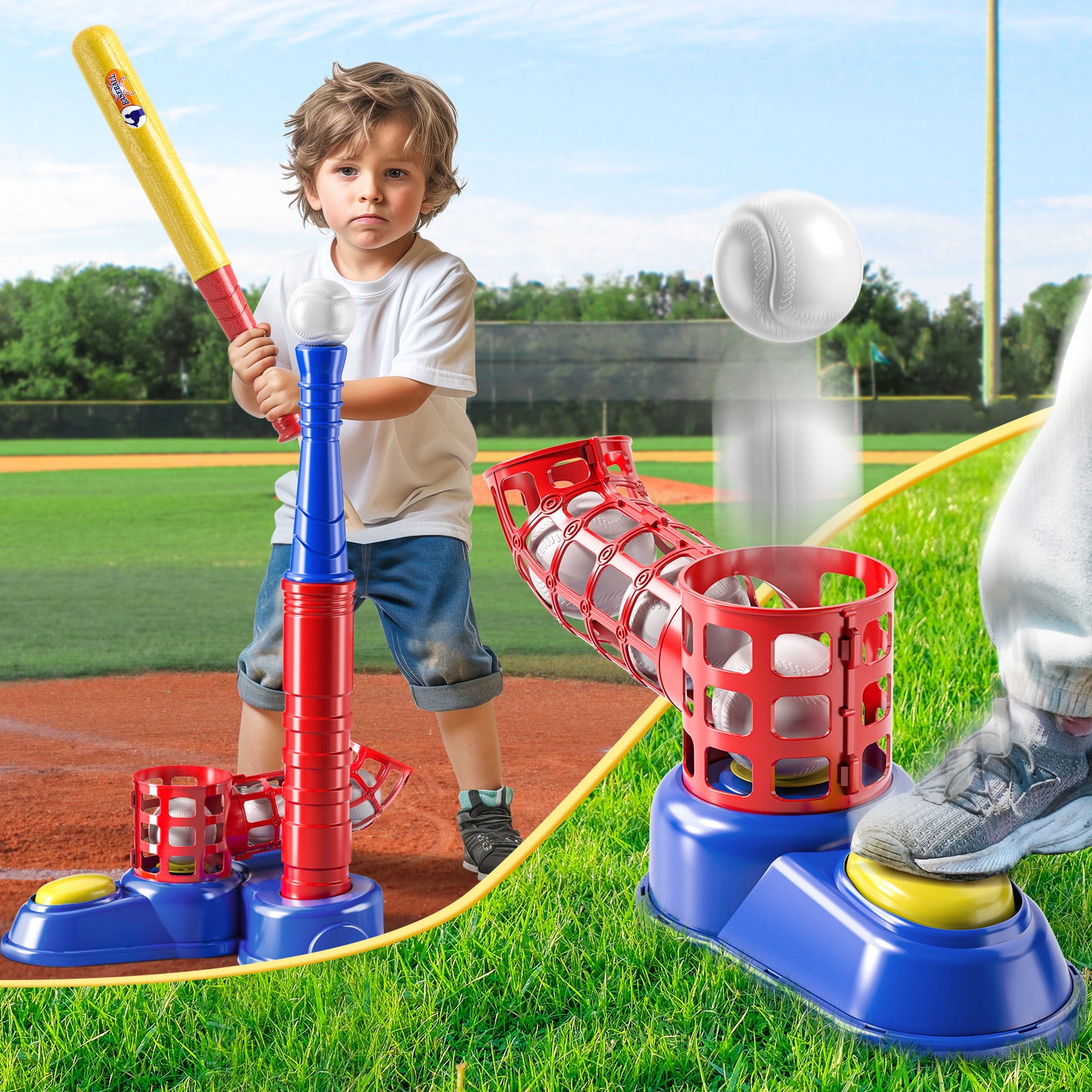 2 in 1 Tee Ball Set for Kids 3-5|5-8, Kids Baseball Tee, T-Ball Set with 10 Balls, Step on Pitching Machine, Batting Tee, Outdoor Sport Toy Games for 3 4 5 6 7 8 Year Old Boys Kids Toddler