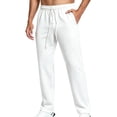 thumbnail image 4 of Men's Waffle Knit Casual Pants Fashion Loose Fit Straight Leg Button Closure Drawstring Elastic Waist for Travel Daily Wear Fall, White, L, 4 of 9