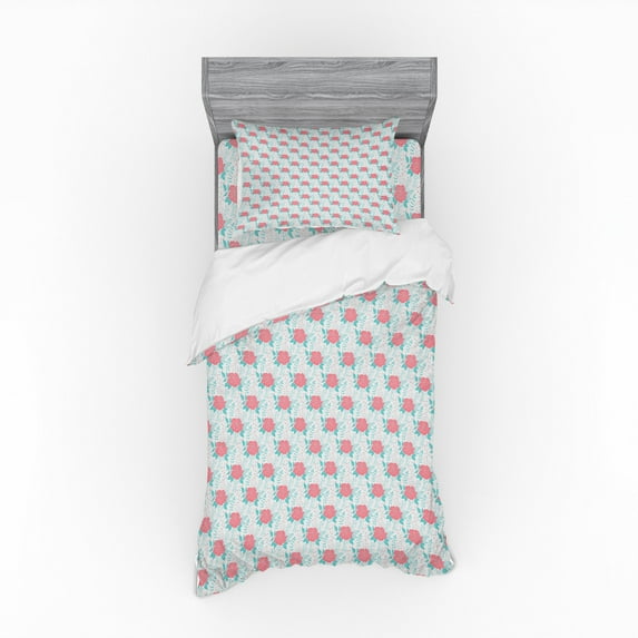 Rose Duvet Cover Set, Romantic Vintage Flowers with Leaves and Stalks Blossoming Cottage Meadow, Bedding Set with Shams and Fitted Sheet, 3 Sizes, by Ambesonne