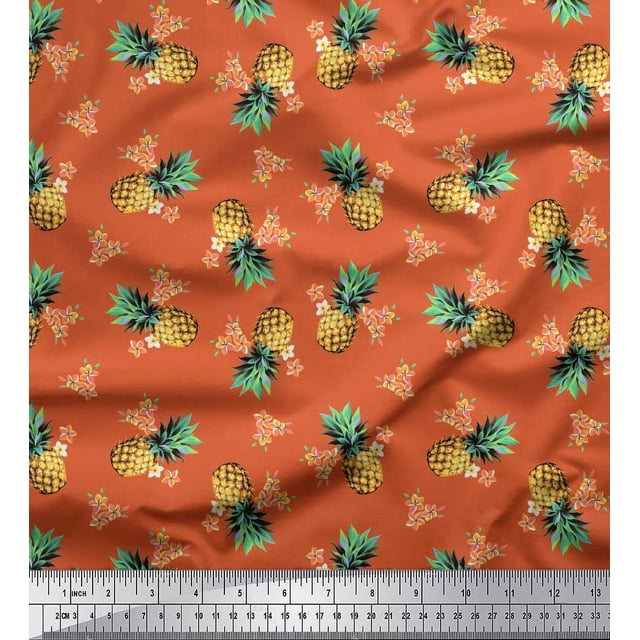 Soimoi Orange Rayon Fabric Peach Floral & Pineapple Fruits Decor Fabric Printed Yard 42 Inch Wide