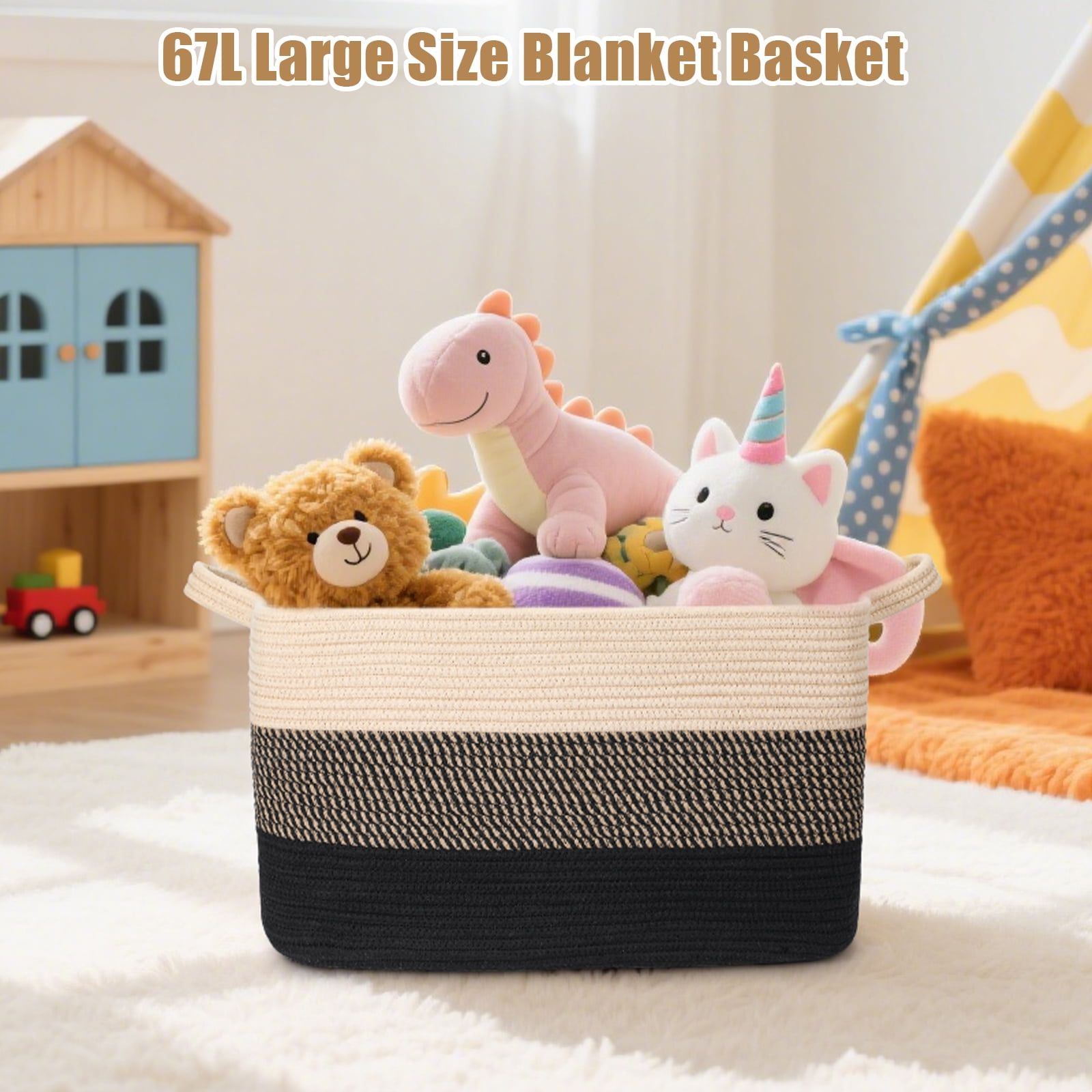 LIZEVINC Large Blanket Basket, 21.6" x 15.7" x 11.8" Rectangle Woven Laundry Basket, Cotton Rope Toy Basket With Handle, Storage Baskets for Organizing for Living Room, Bedroom, Baby Room