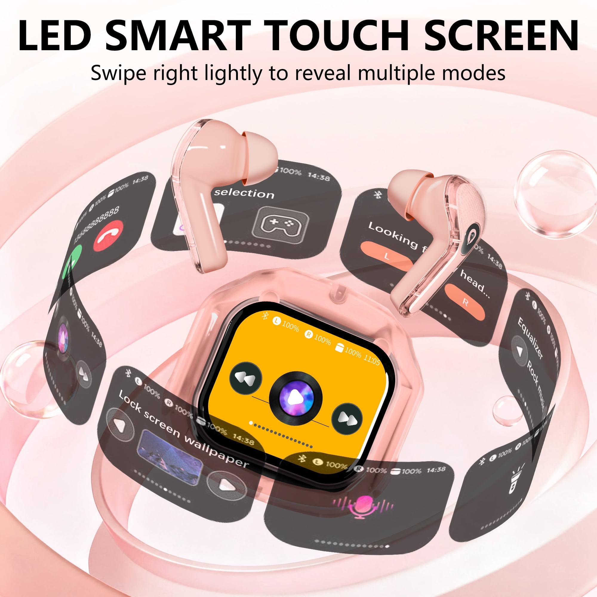 ENC Wireless Bluetooth Earphone, Smart Touch Screen Headphone, 24h Playtime for Sports & Working, Stereo Sound Headphone for iOS/Android/Windows, Pink