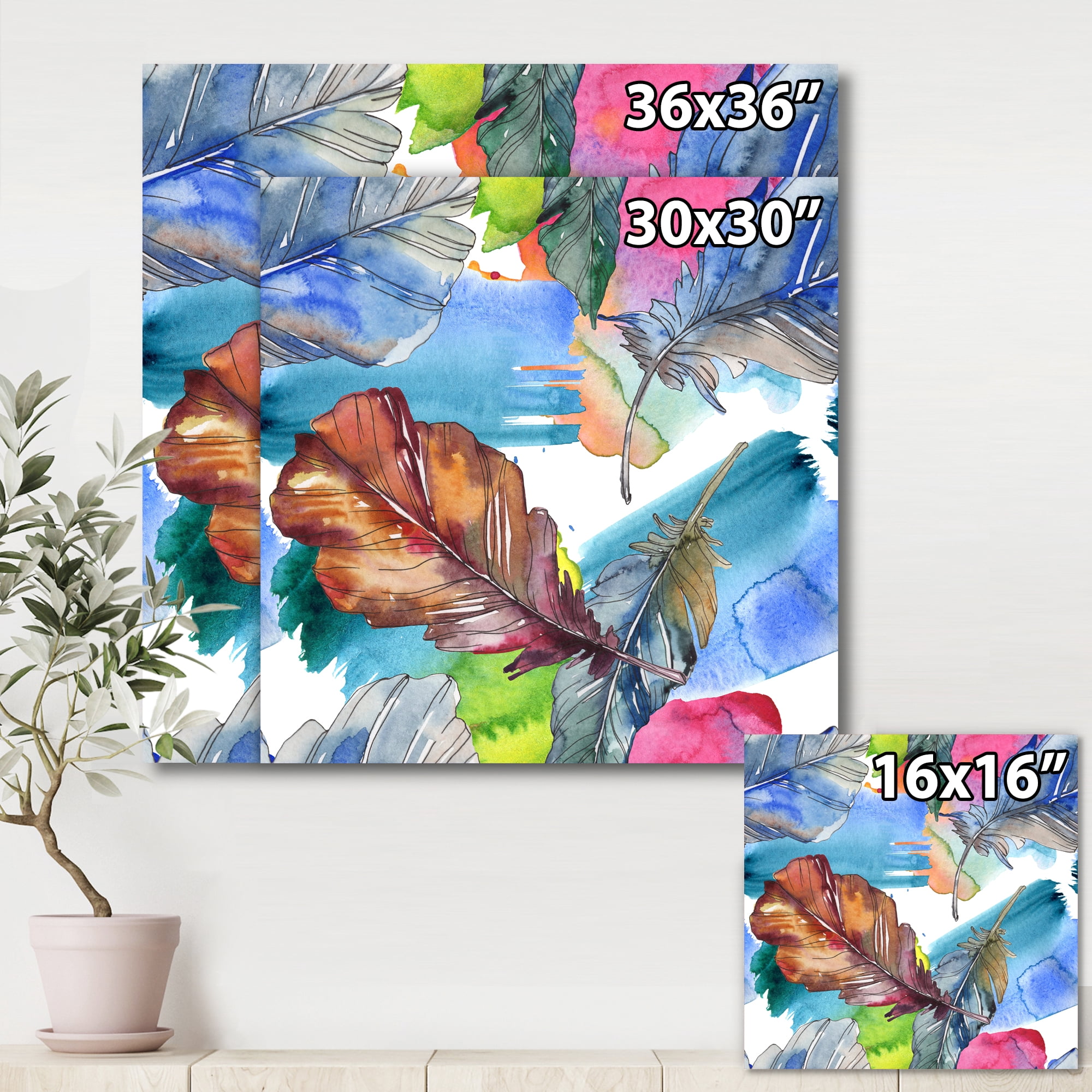 Designart ' Bird Feather In Pink and Blue ' Traditional Canvas Wall Art Print