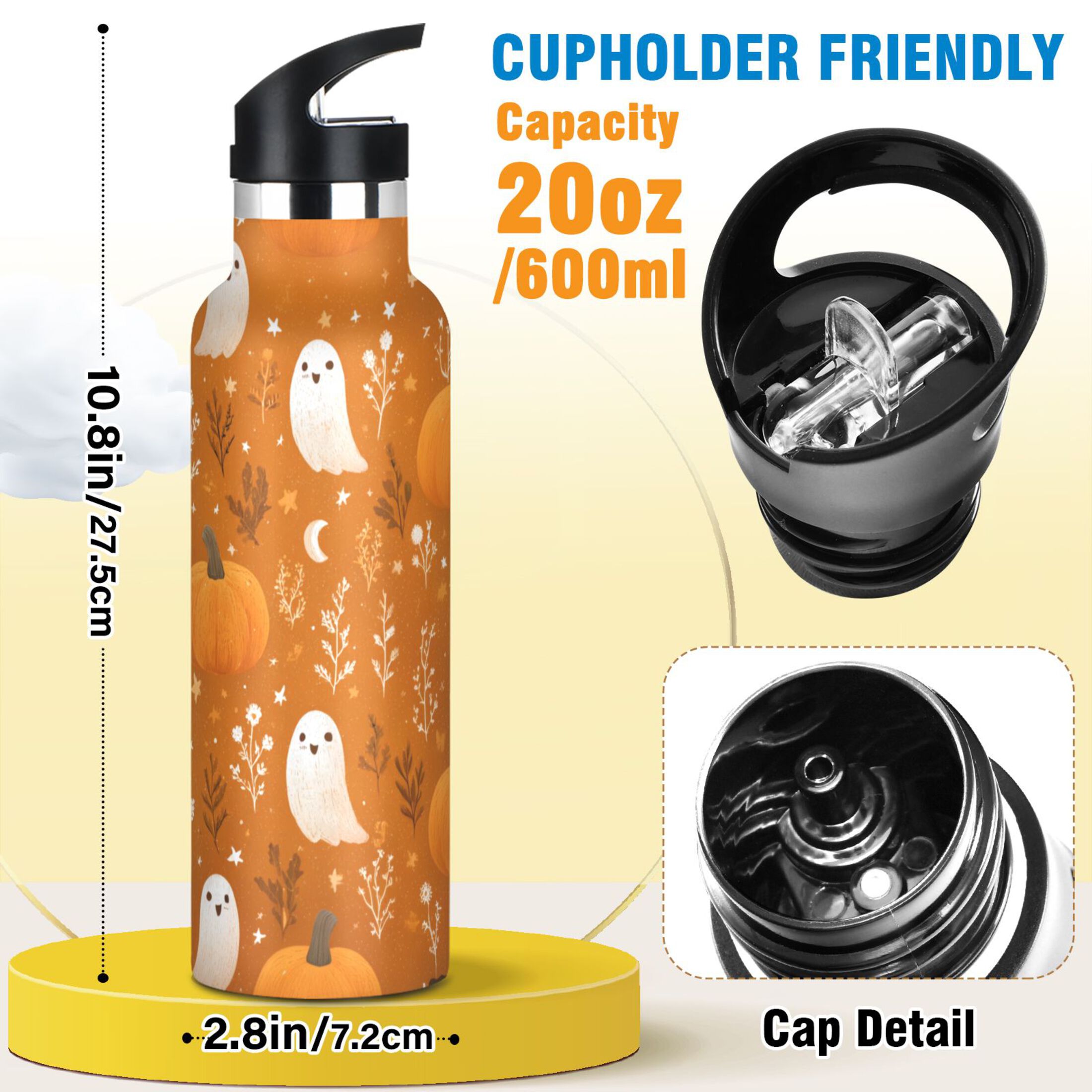 Kids Insulated Stainless Steel Sports Water Bottle 600ml (20oz) Fun Orange Halloween Pattern