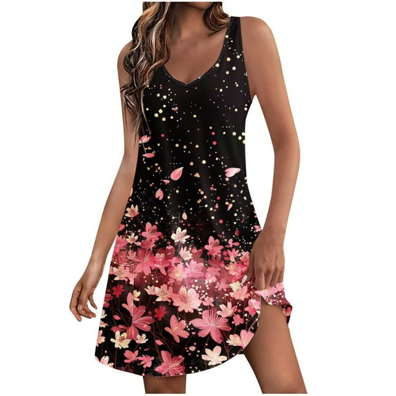 Nrmvnmi Summer Dresses for Women 2024 Sleeveless Mini Dress Sundresses Floral Printed Casual with Pockets Boho Beach Dress T-Shirts Dress V Neck Loose Tank Dresses Black XLMothers Day Gifts