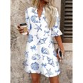 thumbnail image 4 of White Blue Nautical Print A-Line Shirt Dress With Flared Sleeves For Summer, 4 of 6