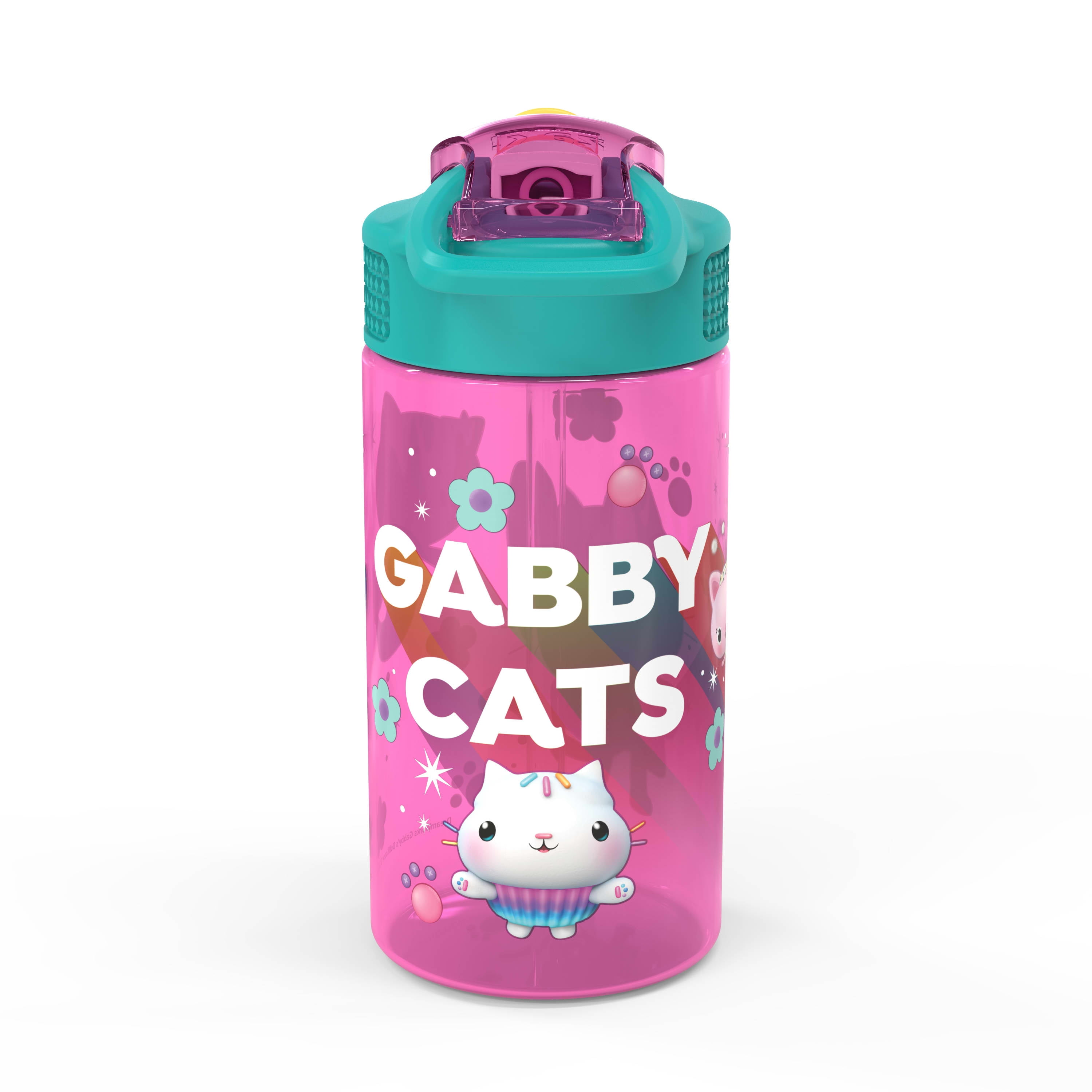 Zak Designs Gabbys Dollhouse 16 ounce Reusable Water Bottle with Hygienic spout cover and antimicrobial spout, Gabby's Cats