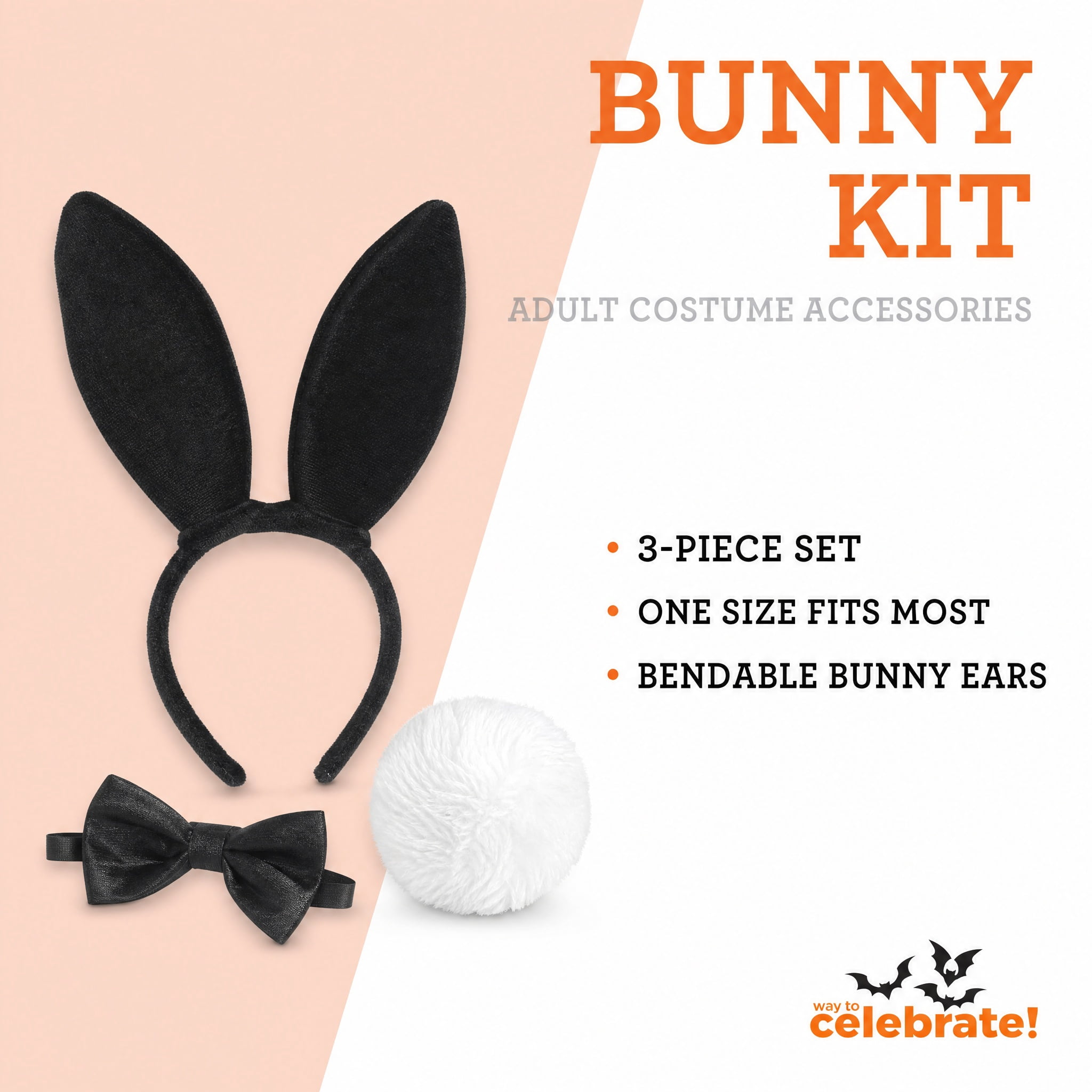 Bunny Costume Accessory Kit for Adults, Black, 3 Pieces, Halloween by Way To Celebrate