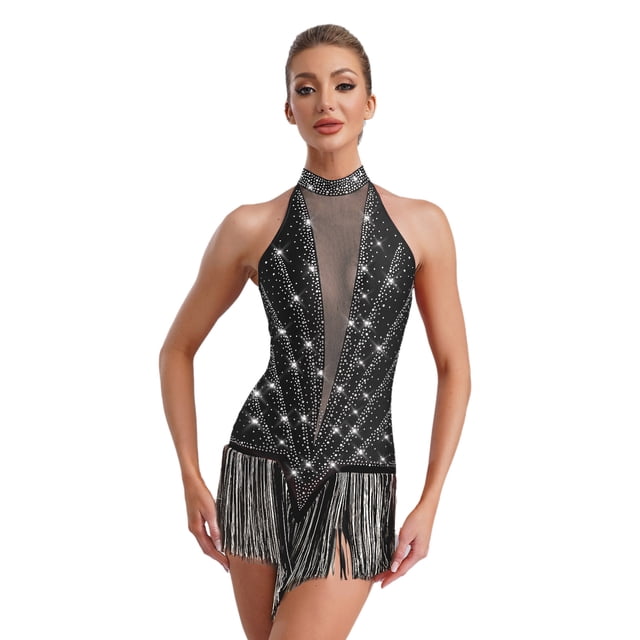 RUNQHUI Robe de Danse de Salon Sans Manches à Franges Brillantes Salsa Tango Col en V Lyrique Jazz Danse Noire TG