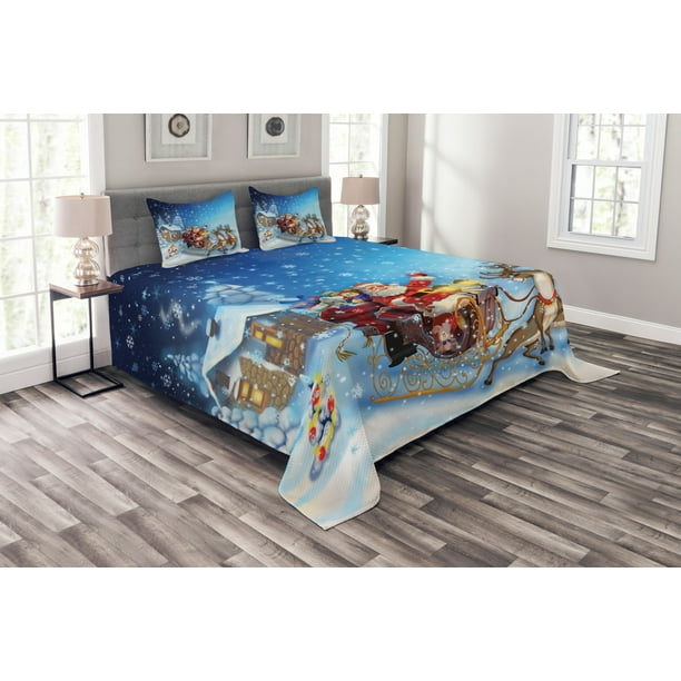 Christmas Bedspread Set Santa In Sleigh With Reindeer And Toys In Snowy North Pole Tale Fantasy Image Decorative Quilted Coverlet Set With Pillow Shams Included Navy Blue By Ambesonne Walmart Com