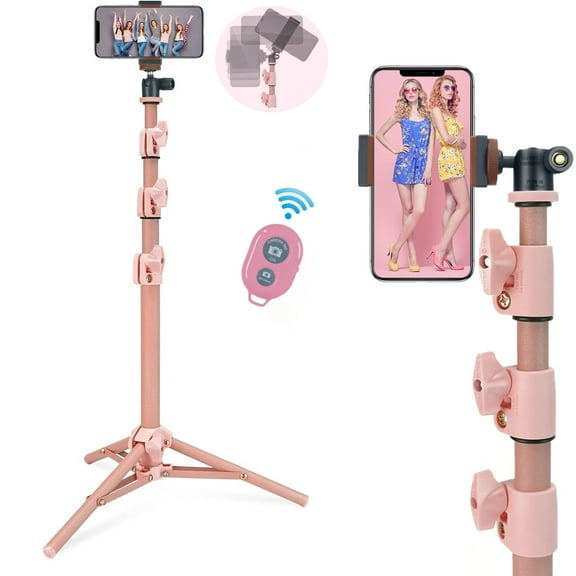 LINCO Adjustable Selfie Stick Tripod  52” Heavy Duty Rotatable Selfie Stick with Bluetooth Wireless Remote Shutter for iPhone Samsung-Pink 8884