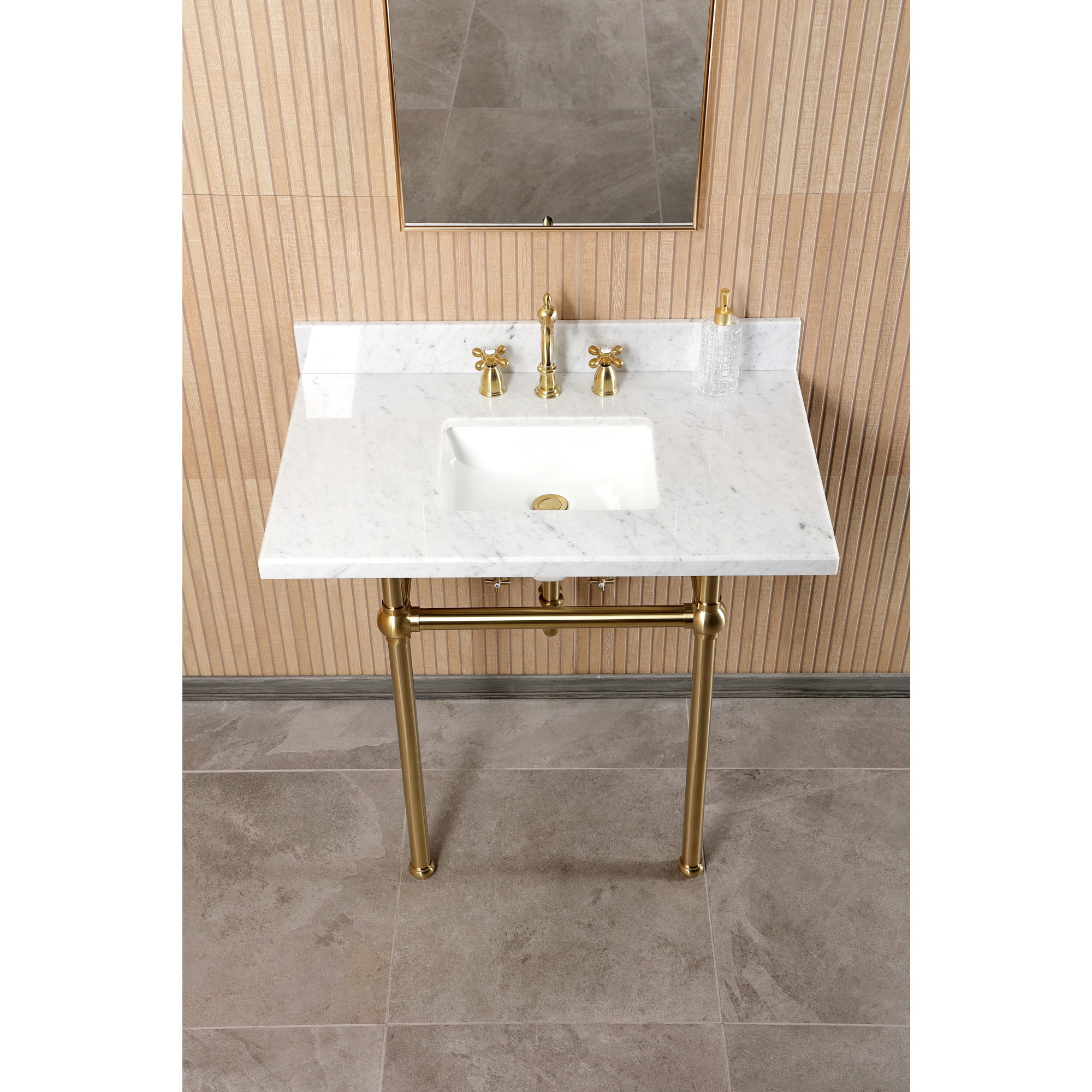 Kingston Brass CKVPB36MBSQ7 Templeton 36" Carrara Marble Console Sink Set with Widespread Bathroom Faucet and Plumbing Trim Kit (8-Inch, 3-Hole), Carrara Marble White/Brushed Brass