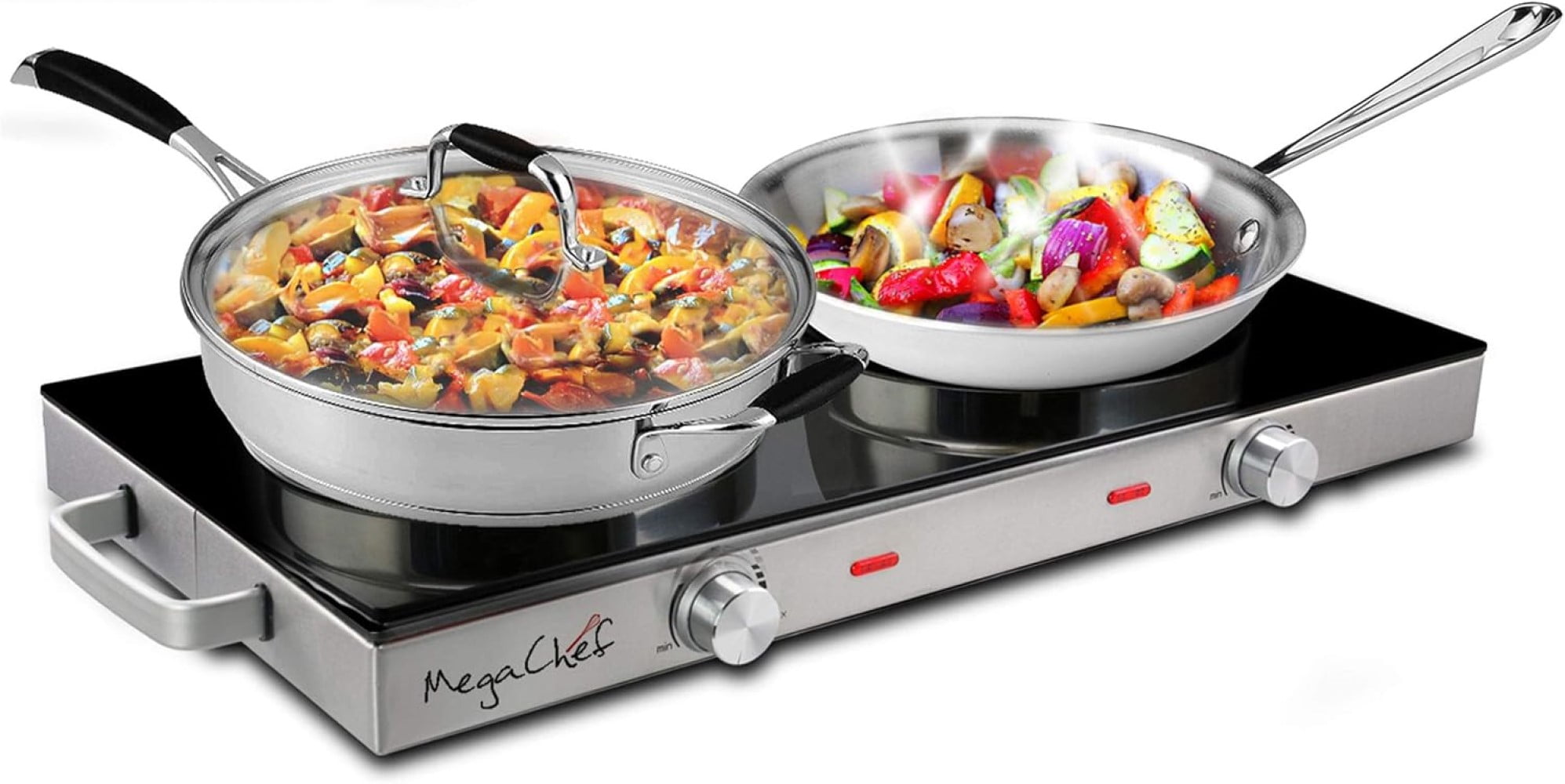 MegaChef Ceramic Infrared Double Electric Cooktop – Dual Burner, Portable Countertop Cooktop with Adjustable Heat Control, Easy Clean Glass Top & Stainless Steel Body