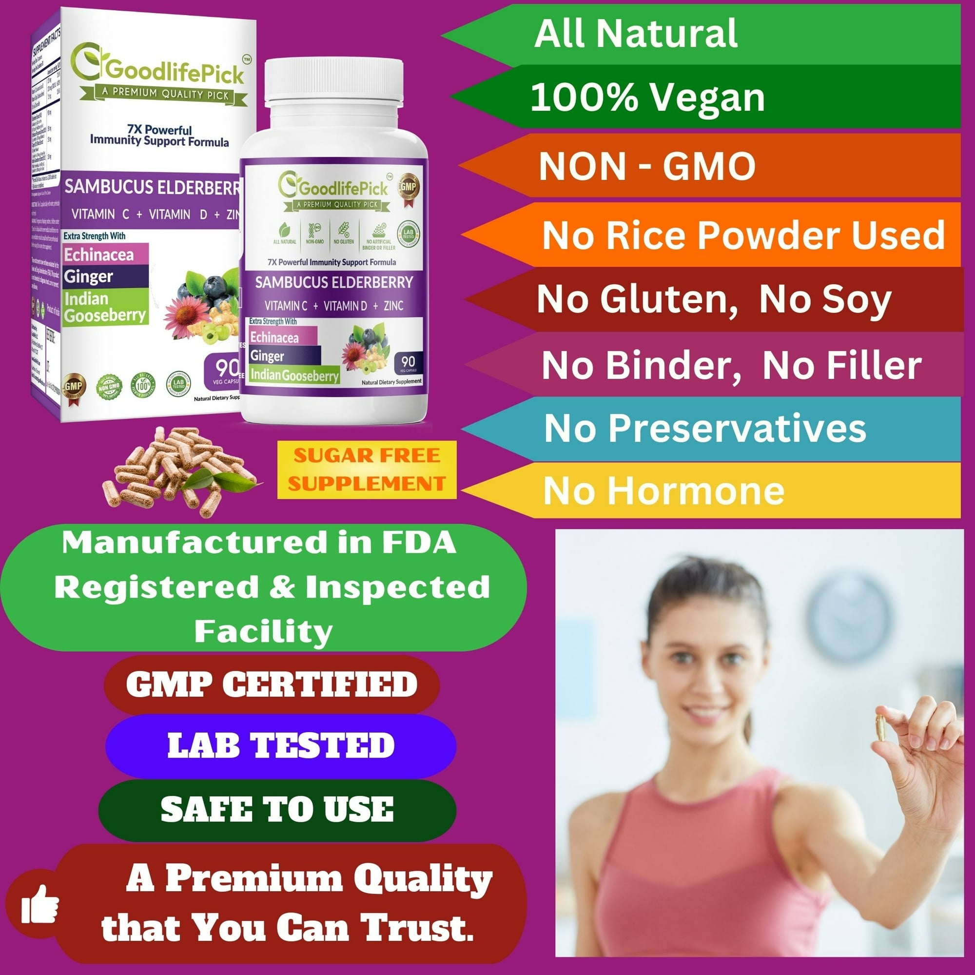 Elderberry Capsules with Zinc, Vitamin C, Vitamin D, Echinacea, Ginger, Amla, Vegan, Non-GMO, 90 Count