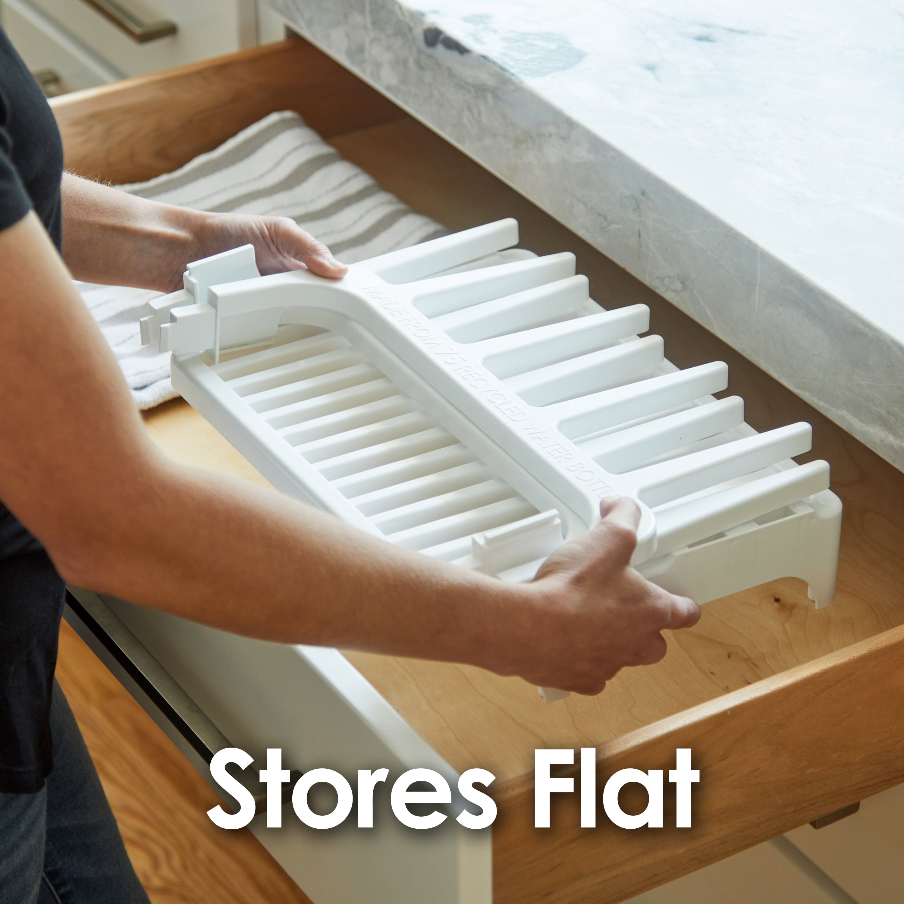 PopYum Glacier White Space Saving Drying Rack from 100% Recycled Bottles, countertop for baby bottles, plastic bags, cups, glass, tumblers, compact