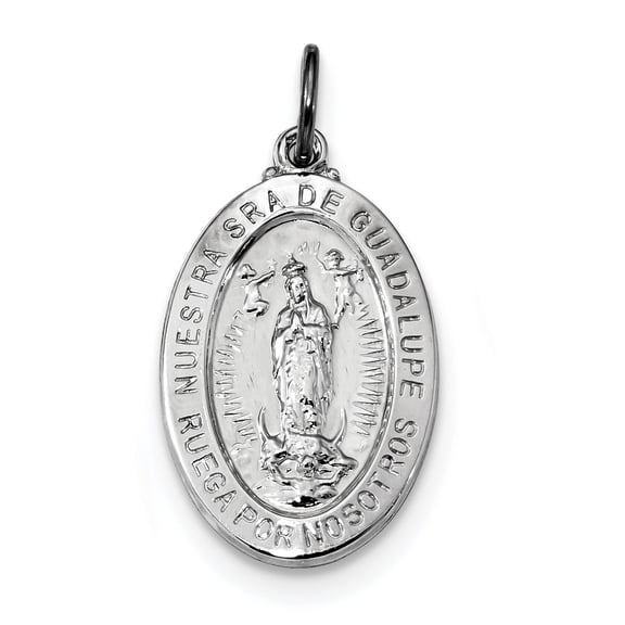 Sterling Silver Rhodium-Plated Spanish Lady Of Guadalupe Medal Pendant (33.5 X 16) Made In United States qc9119