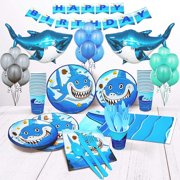 Shark Birthday Party Supplies for Boys set of 16 Inflatable Shark Party Decorations Shark Plates Cups Napkins Balloons Boy Birthday Decorations Shark Week Shark Décor