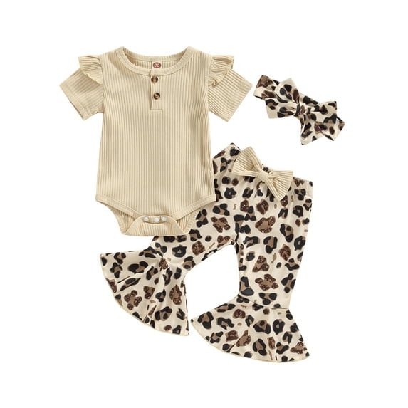 hirigin Baby Girl Clothes Suits Solid Color Ribbed Short Fly Sleeve Crew Neck Romper Spot Print Flare Pants Bow Headband 3Pcs Set