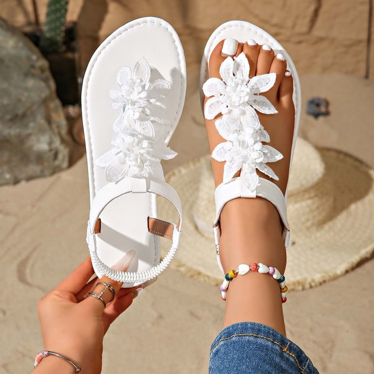 FYEGRE Womens Sandals Shoes Comfort Walking Casual Summer Beach Shoes Dress Ankle Elastic Flower Jeweled Bohemian Wedding Flats White 39