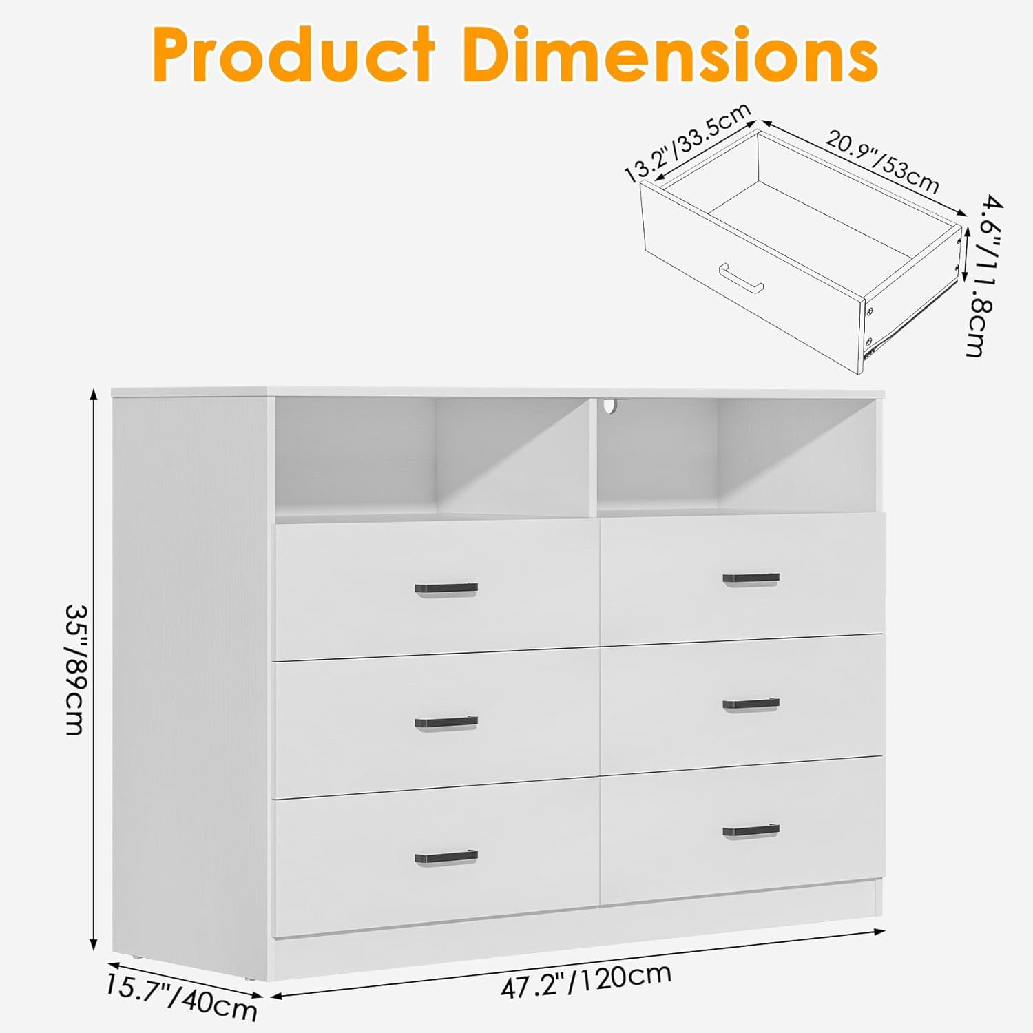 Frmobepts Wood Dresser for Bedroom, 6 Drawer Dresser with Open Storage Cubby,White