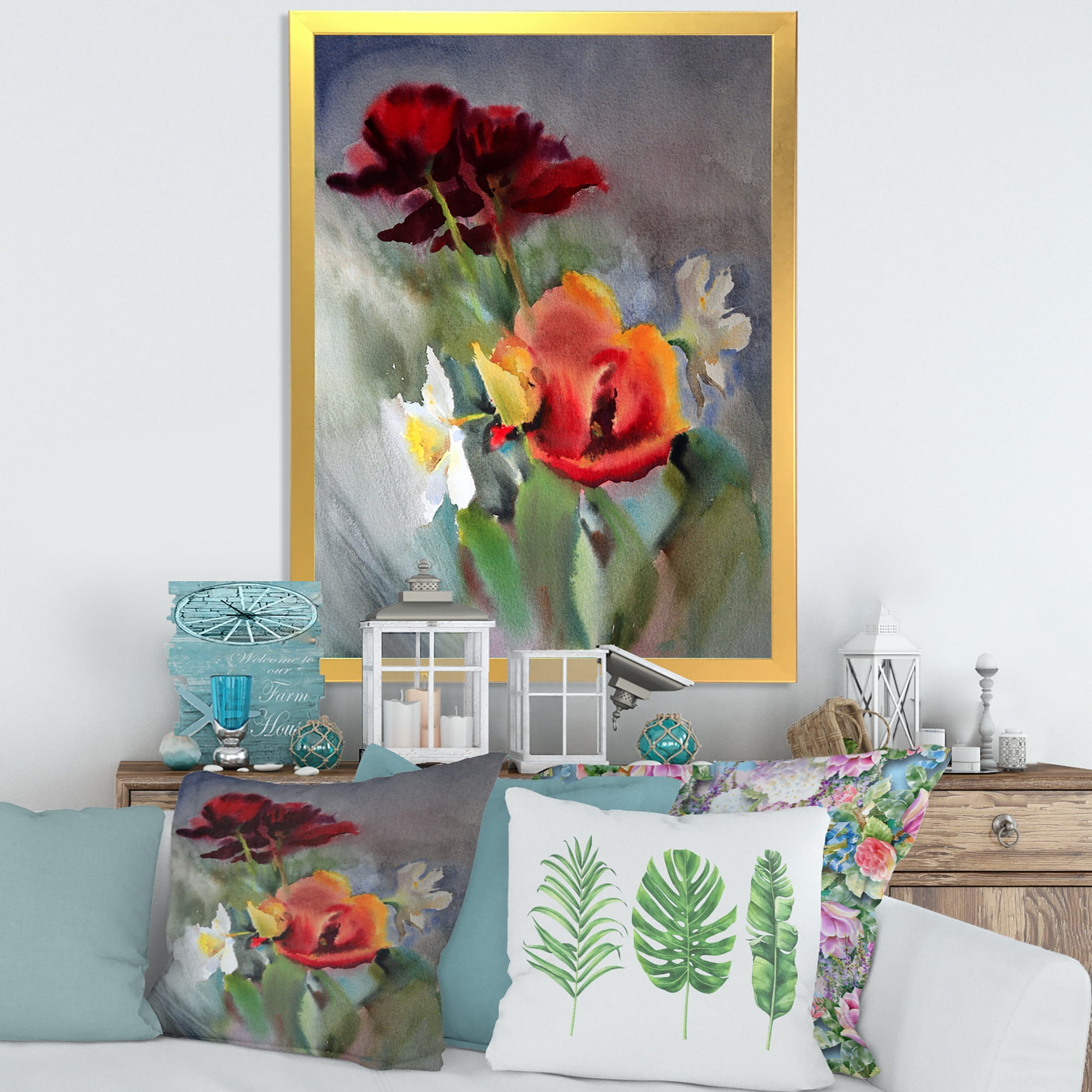 Designart 'Blossoming Vibrant Red Wildflowers' Traditional Framed Art Print