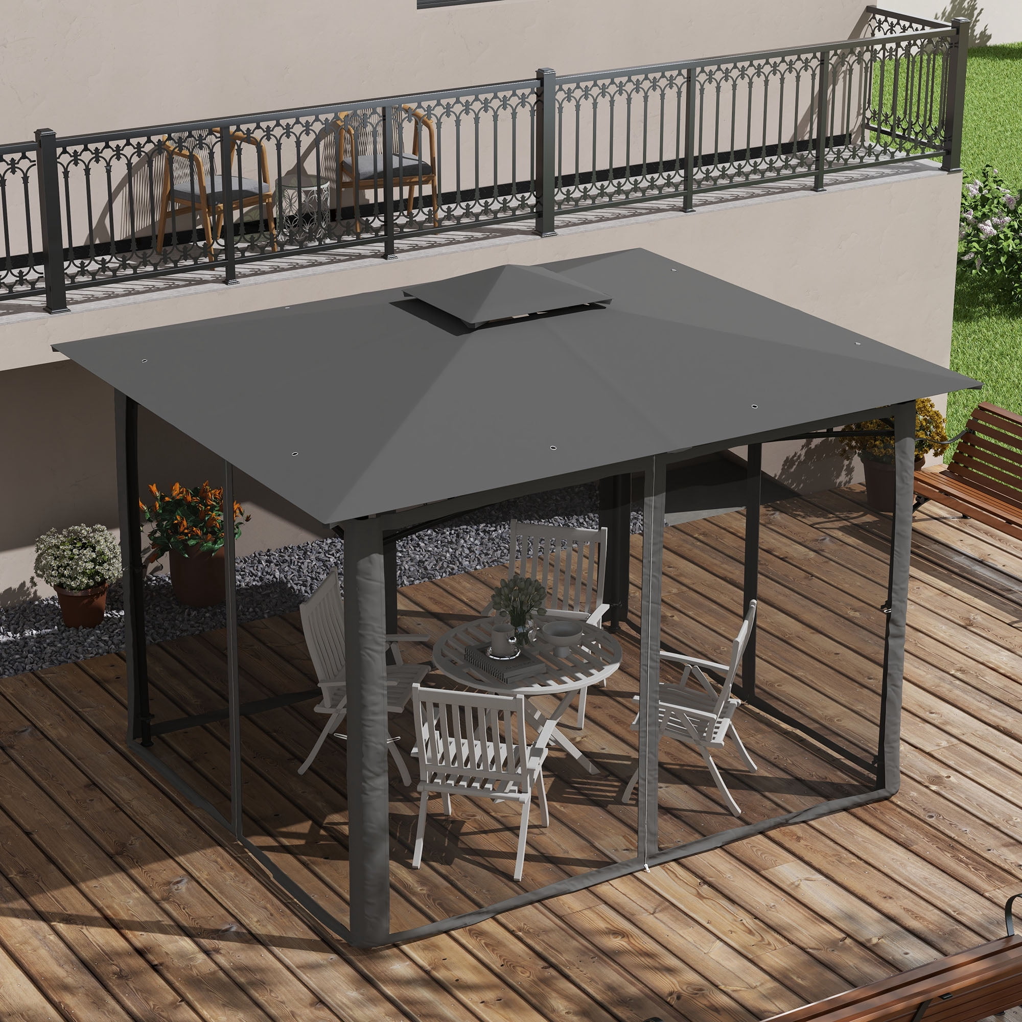 Outsunny 10' x 12' Screened Gazebo, Gray, with 2-Tier Roof & Netting