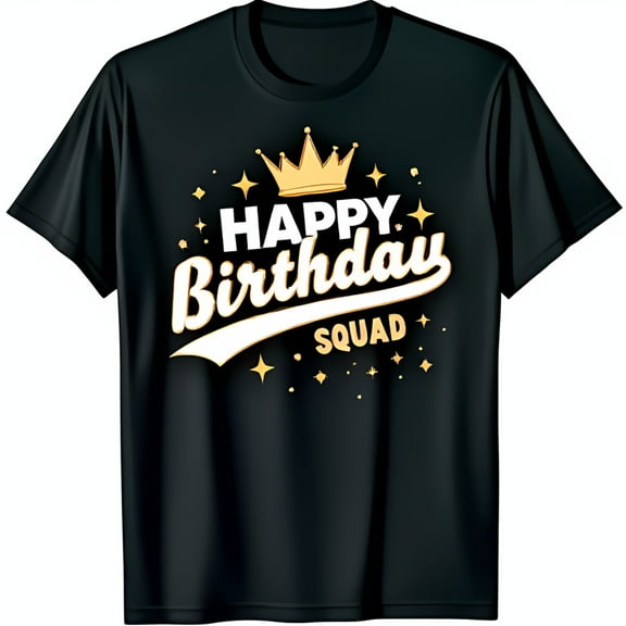 Black T-Shirt with Gold Crown & Vintage Happy Birthday Squad Graphic