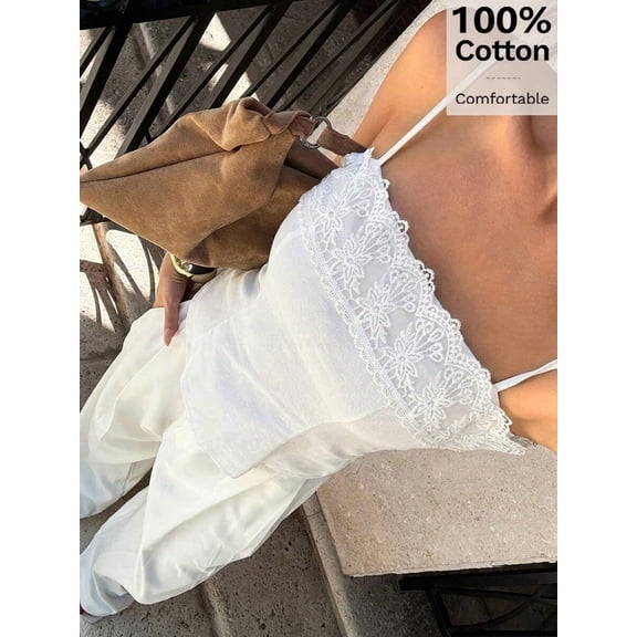 White Womens Elegant Summer Lace Trim Camisole, 100% Cotton Spaghetti Strap Square Neck Crochet Top