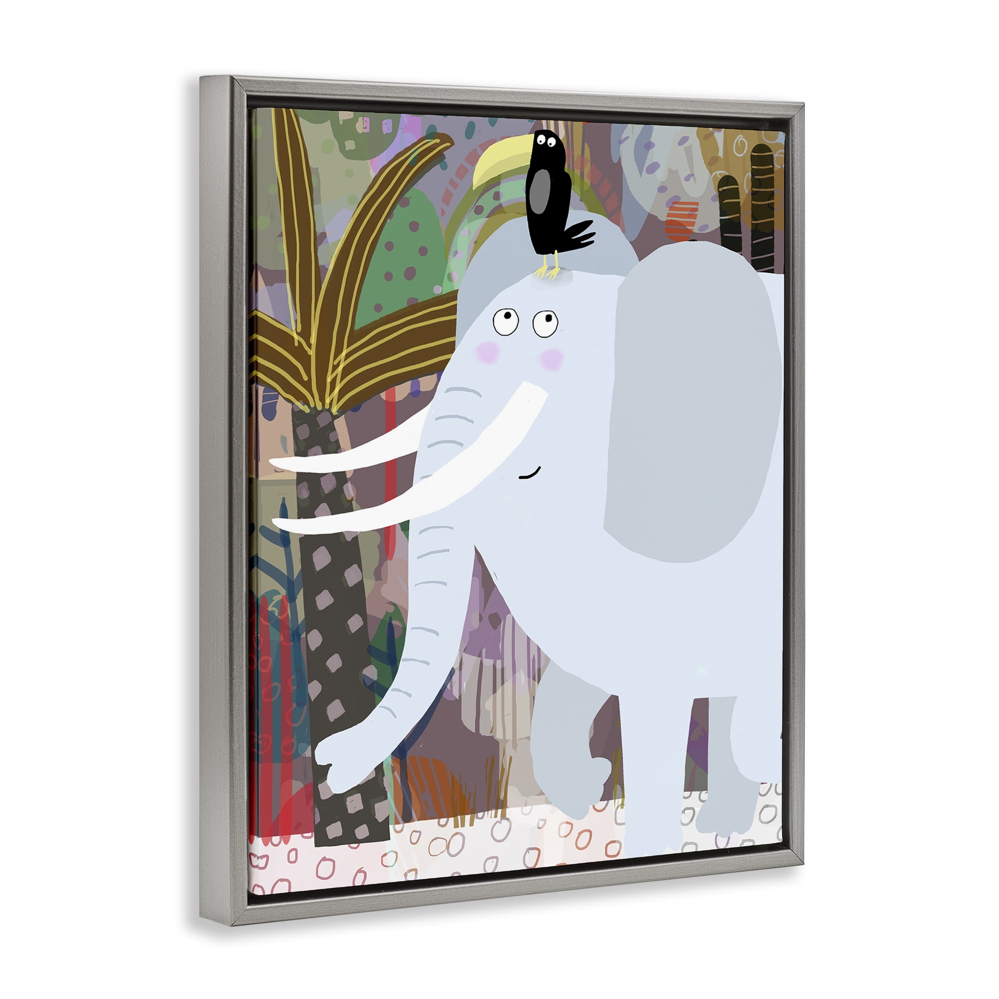 Elephant & Toucan in Jungle Gray Framed Floater Canvas Wall Art, design by Carla Daly