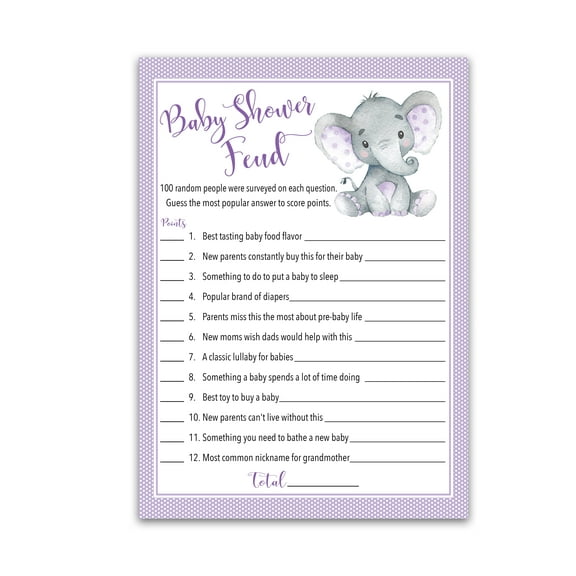 GENDER NEUTRAL Baby Shower FEUD Game - Pack of 25 - Fun Shower Family Feud Games, PURPLE Elephant Baby Shower Activity, Little Peanut Baby Shower Fued Games, Couples Shower G503-BSF