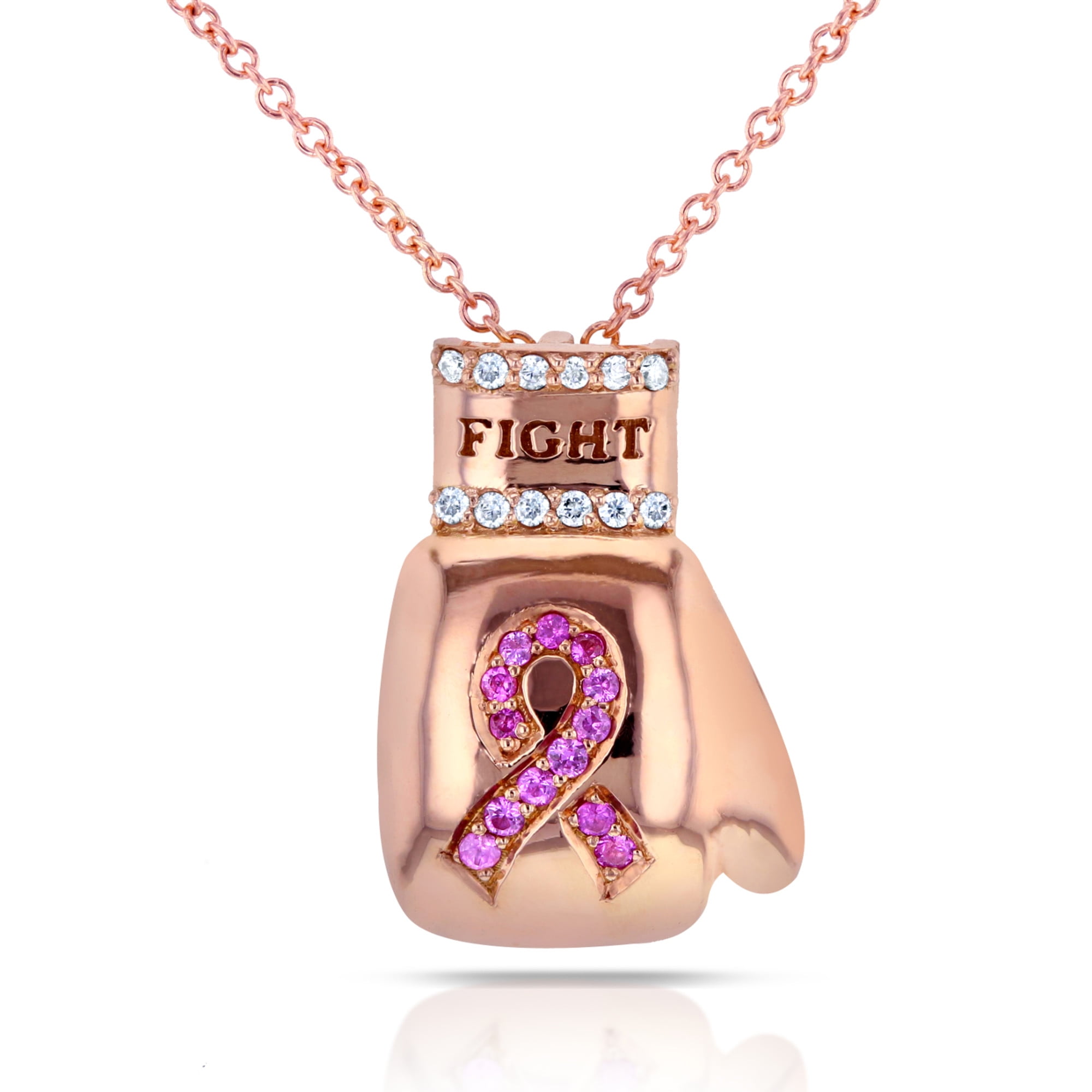 Pink Sapphire & Diamond "Fight" Breast Cancer Awareness Pendant 14k Rose Gold (16" Chain) by