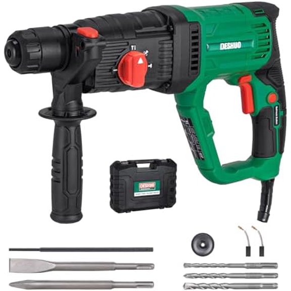 1" SDS-Plus Lightweight Rotary Hammer Drill, 9 Amp 4 Functions Corded Variable Speed Rotomartillo with Safety Clutch for Concrete, Includes 3 Drill Bits,2 Chisels,Carrying Case