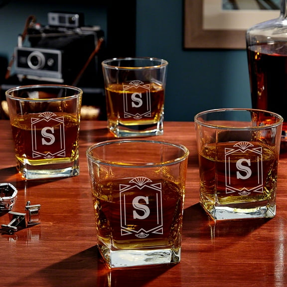Custom Square Whiskey Glasses, Set of 4, Carmine Design by Home Wet Bar