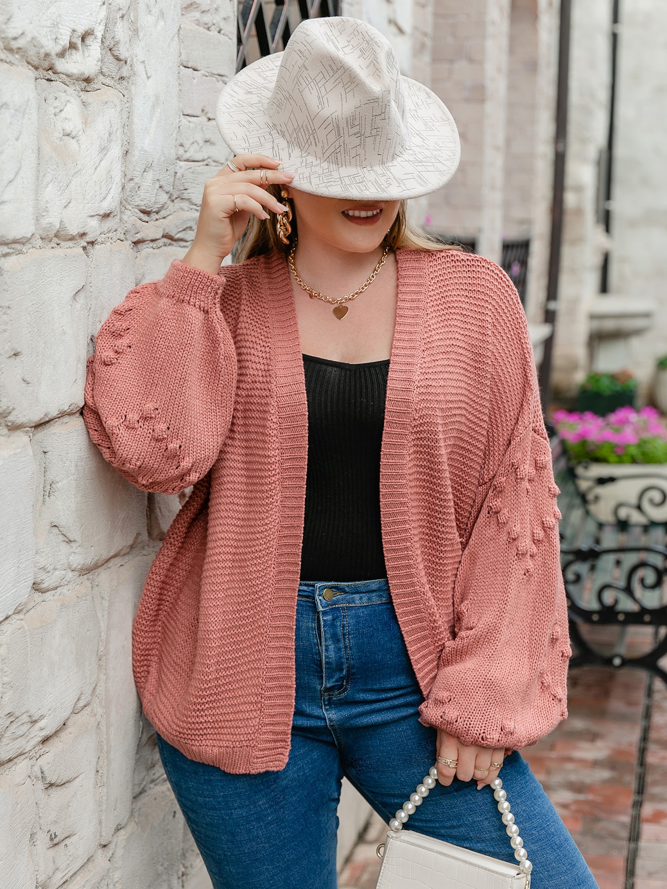 pom pom sleeve open cardigan